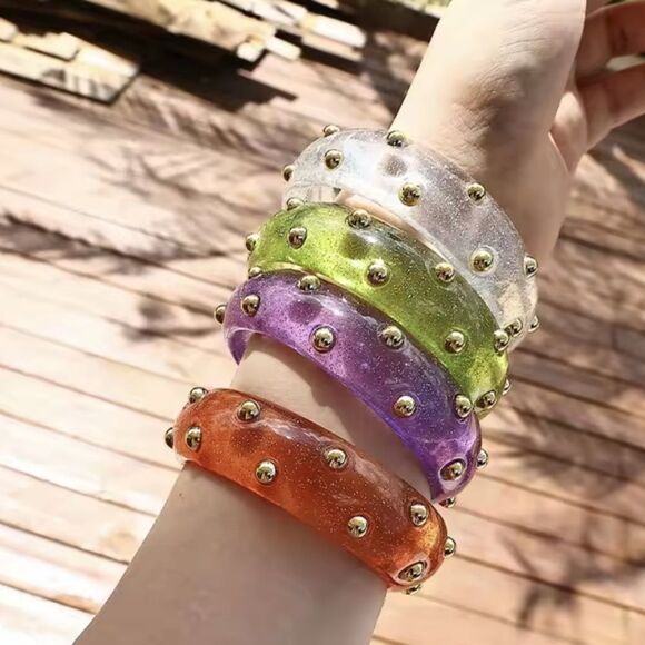 New FREE PEOPLE Pink Studded Resin Bangle Bracelet In Orange - Picture 3 of 8